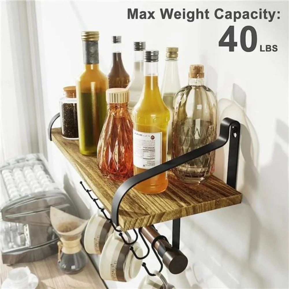 Floating Shelf Wall Shelf Rustic Wood with Towel Bar and 8 Removable Hooks